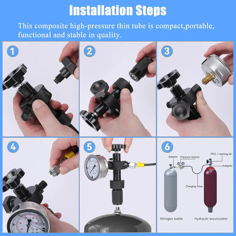Pro Grade Hydraulic Pressure Test Kit With Nitrogen Accumulator Charging Kit, Nitrogen Fill Charge Kit With Gauge, 2 Meter Hose And Multiple Adapters For Precise Pressure Testing, Safe, Reliable And Heavy Duty Performance