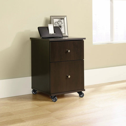 Two-drawer dark brown wooden nightstand on four black swivel caster wheels