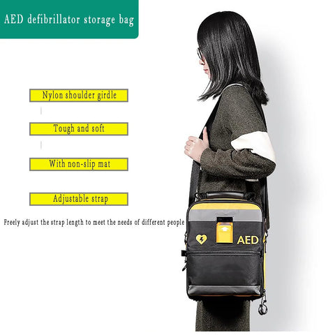 AED defibrillator storage bag; side view of a black two-layer pouch with yellow reflective accents worn by a person