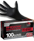 Venom Steel black nitrile glove on hand beside a box of 100 gloves rip-resistant industrial gloves