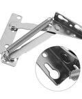 Beefy Heavy Duty 80 Degree Spring Hinge in Stainless Steel for cabinets and doors, detailed view showing spring and mounting holes.