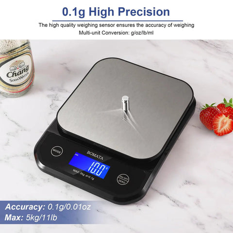 Waterproof Digital Kitchen Scale 0.1g/0.01oz Precision, 5kg/11lb Capacity, gray scale on marble surface with backlit display