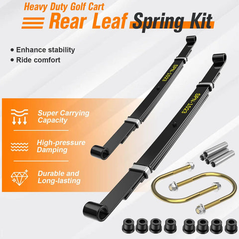 Built To Last Rear Leaf Spring Swap Kit For Club Car Precedent Golf Carts Gas Electric Models From Twenty Oh Four Plus; includes steel springs and bolts.