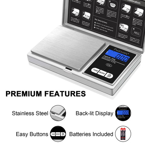 Pocket Gram Scale With 200g Capacity And 0.01g Precision Tiny Jewelry Scale for grams and ounces, stainless steel surface, blue display
