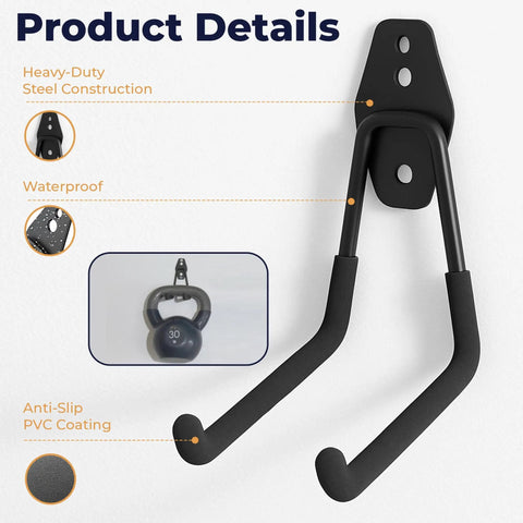 16 Piece Heavy Duty Garage Storage Hooks Set With Anti Slip Coating Wall Mount Hangers for tools, close-up view on wall