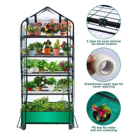 Five-Tier Rolling Greenhouse For Indoor And Outdoor Use With PVC Cover, Adjustable Shelves, Waterproof Mat, Cover Tape And Easy Roll Wheels, A Portable Seedling Grow Tent That Makes Gardening Easy For Everyone