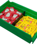 Heavy Duty Plastic Shelf Bins For Garage, Closet, And Drawer Organization, 12 By 6 And A Half By 4 Inches, Green, 12 Pack, with condiments