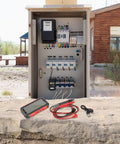 FS899L All In One Digital Multimeter with cables in front of an electrical panel outdoors, for automotive, home, industrial use