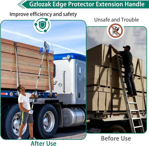 Person using Heavy Duty Corner Guard Handle Extends 4.3 To 8.7 Feet, V Shaped Corner Protector for Flatbed Trucks with stainless steel pole