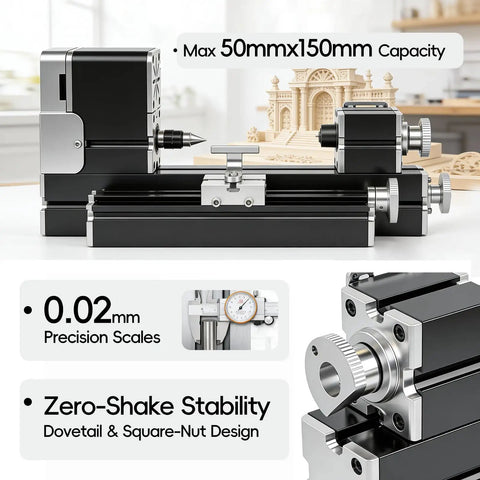 Mini Benchtop Wood Lathe Machine 20000 RPM Precision Turning Tool For STEM Education And DIY Crafts with precision scales.