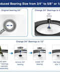 Instructional diagram showing how to reduce bearing size from 3/4" to 5/8" or 1/2" for 4.80/4.00-8 Flat Free Tire And Wheel with Grease Fitting