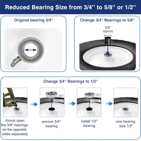 Instructional diagram showing how to reduce bearing size from 3/4" to 5/8" or 1/2" for 4.80/4.00-8 Flat Free Tire And Wheel with Grease Fitting