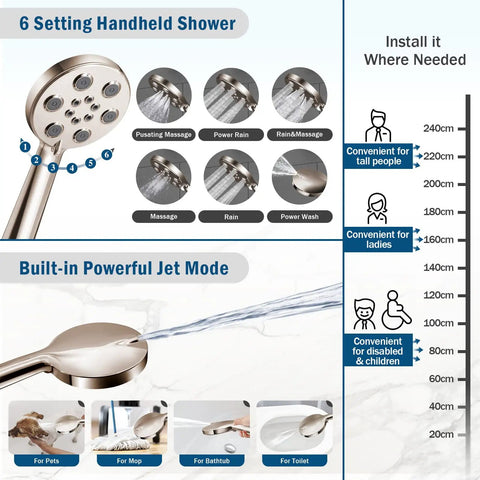 Brushed Nickel Dual Shower Head System With 12-Inch High-Pressure Rain Head And 6-Setting Handheld Combo, Built-In Power Wash, 11-Inch Extension Arm And 60-Inch Hose, Height And Angle Adjustable For A Next-Level Bathroom Upgrade