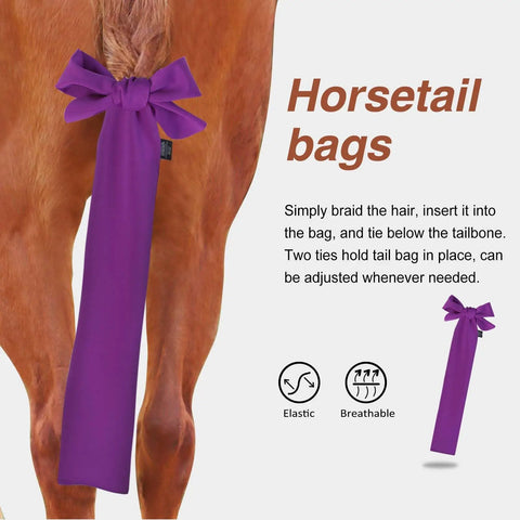 Breathable Horse Tail Guard Slip On Design With 2 Strand Straps 22 Inch Length Purple Patterned Tail Bag displayed on horse tail