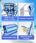 Close-up of Two-Pack Backpack Beach Chairs with cup holder, towel bar, and adjust armrest details in Ocean Blue at the beach.