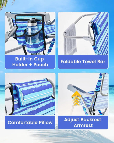 Close-up of Two-Pack Backpack Beach Chairs with cup holder, towel bar, and adjust armrest details in Ocean Blue at the beach.