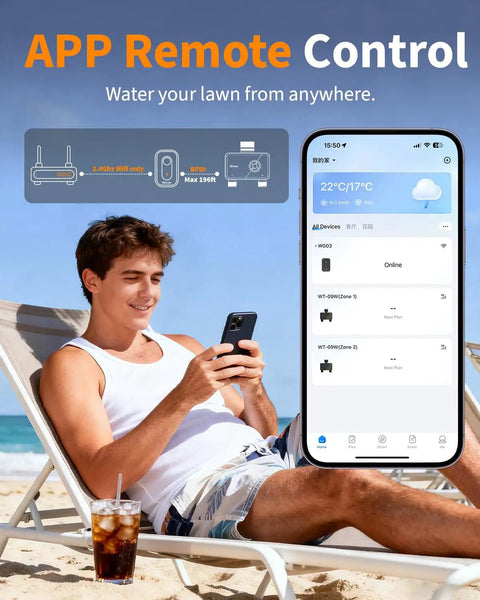 Man on beach using phone app to control Brass WiFi Sprinkler Timer For Garden Hose 2 Zone Smart Water Timer