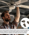 Man installing Twenty Piece Heavy Duty Ceiling Fan Blade Screws Quarter Twenty Thread By Three Eighth Inch Long Carbon Steel Pan Head Bolts.