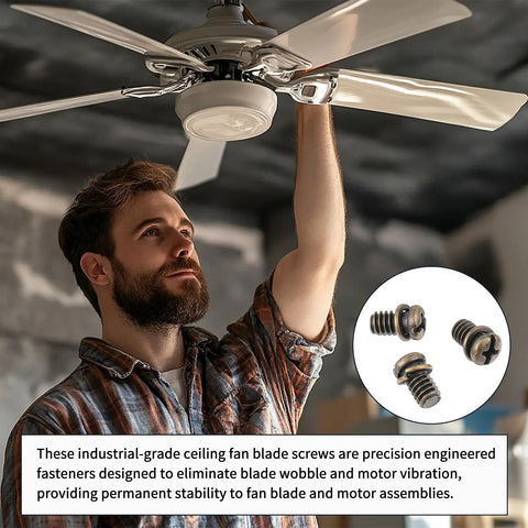 Man installing Twenty Piece Heavy Duty Ceiling Fan Blade Screws Quarter Twenty Thread By Three Eighth Inch Long Carbon Steel Pan Head Bolts.