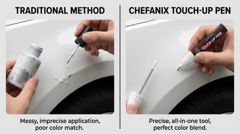 Comparison of traditional paint method and Tesla Stealth Gray Touch Up Paint Pen For Model 3 Y S X Exact Color Match 2-in-1 tool.