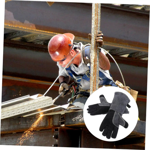 Man using Built Tough As Nails Heat Resistant Oven Gloves For BBQ Grilling And Welding Industrial Grade Long Arm Kitchen Mitts.