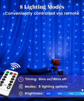 Blue 300 LED Fairy Curtain Lights With Waterproof Waterfall Glow 9.8 Feet By 9.8 Feet 10 Vertical Strands Remote With 8 Modes