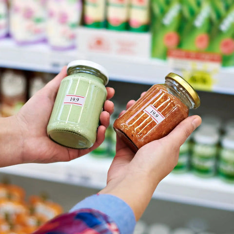 Two hands holding jars with price stickers using 30000 White Price Gun Labels On 60 Rolls For Pricing Like A Boss Pricemarker Stickers