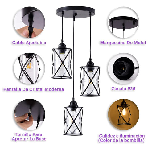 Dope Three Light Industrial Pendant Light with Black Metal Cage and Glass Shades showing adjustable cable and E26 socket