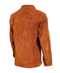 Back view of flame resistant heavy duty leather welding jacket with split cowhide for spark protection and heat shield with Kevlar thread, XL.