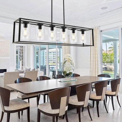 Modern Kickin Farmhouse Pendant Lighting For Kitchen Island With Black Finish, Square Metal Cage, Industrial Chandelier With Alabaster Glass Shades
