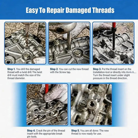 M7 X 1.0 Thread Repair Kit With Helicoil Inserts, HSS Drill Bit, installation steps for repairing damaged threads in metal