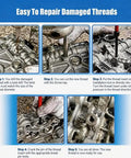 Steps showing how to use M12 X 1.25 Thread Repair Kit With Helicoil Inserts And HSS Drill Bit, 10 Piece Wire Thread Inserts, For Rebuilding Damaged Threads In Aluminum And Steel, Quick Rethread Tool For DIY Auto And Machinery Repairs on a metal surface.