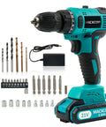 Brushless 21V Cordless Drill Kit With Three Eighths Inch Keyless Chuck 300 InLb Torque Dual Speed 25 Plus 1 Clutch 33 Piece Bit Accessories Battery And Charger Included Built For Pro Grade Power At Home Projects, showing drill and accessories.