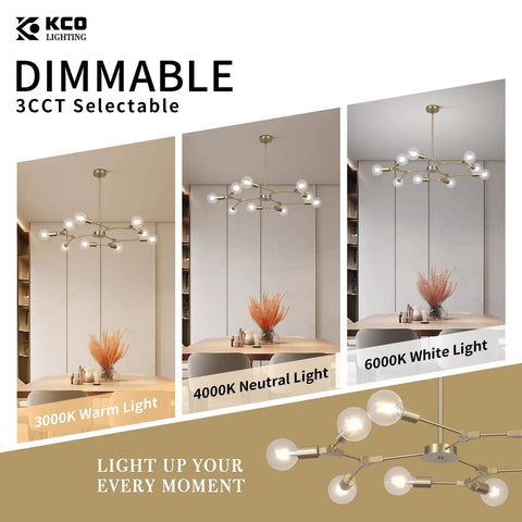 Lit Brushed Brass Sputnik Chandelier With Adjustable Hanging Arms Industrial Flush Mount Ceiling Light Fixture, 3 color settings