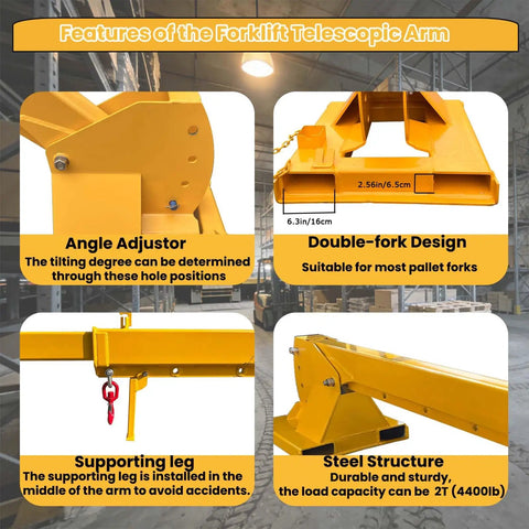 Features of Heavy Duty Forklift Telescopic Boom Jib and Mobile Crane Extendable Lifting Arm with 4400 Lb Capacity shown.