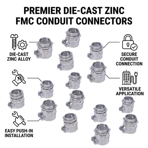 Heavy Duty 20 Pack 1 Inch Squeeze Conduit Connectors Featuring Dead Nuts Grip Reversible Locking Nut Crafted From Die Cast Zinc Alloy for easy installation.