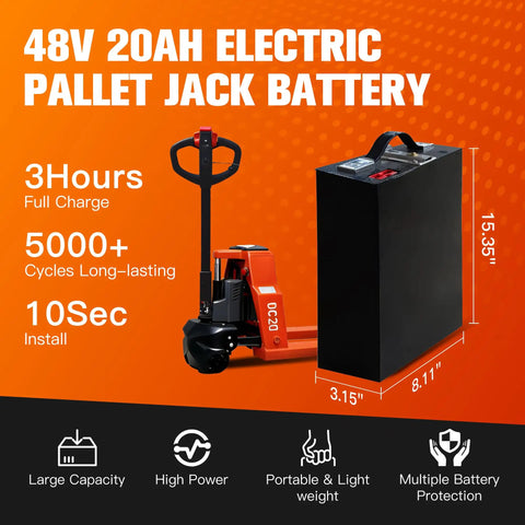 High Capacity 48V Lithium Pallet Jack Battery Compatible With Mboifea Electric Carts, 20Ah, dimensions 15.35" x 8.11" x 3.15".
