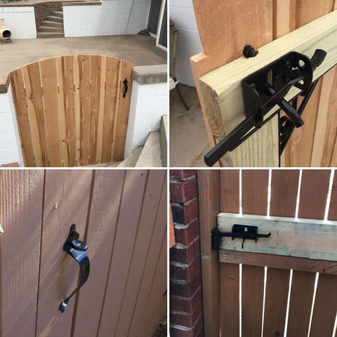 Heavy Duty Gate Latch For Wooden Fence With Self Locking Thumb Latch 8 Inch Handle Steel Black Finish Kit installed on wooden gate