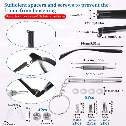 Kick Your Broken Frames Back To Life With This Heavy Duty TR90 Eyeglass Temple Replacement Kit Includes Screws Nuts Wrench And Nose Pads For A Super Quick Snap Fix, tools and dimensions