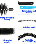 Close-up of Dryer Vent Cleaner Kit 5 Piece Flexible Snake Brush Set showing gel tip, nylon bristles, stainless handle, and flexibility.