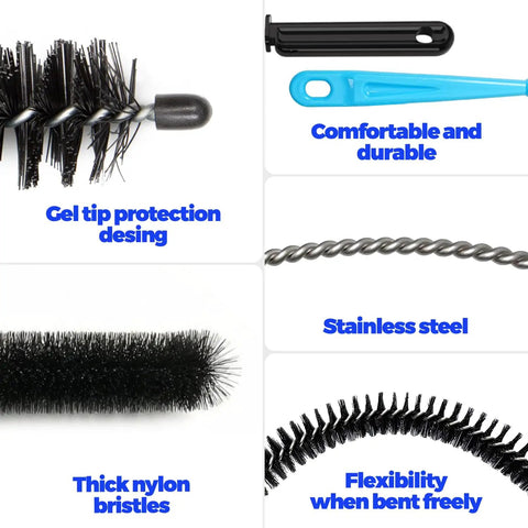 Close-up of Dryer Vent Cleaner Kit 5 Piece Flexible Snake Brush Set showing gel tip, nylon bristles, stainless handle, and flexibility.