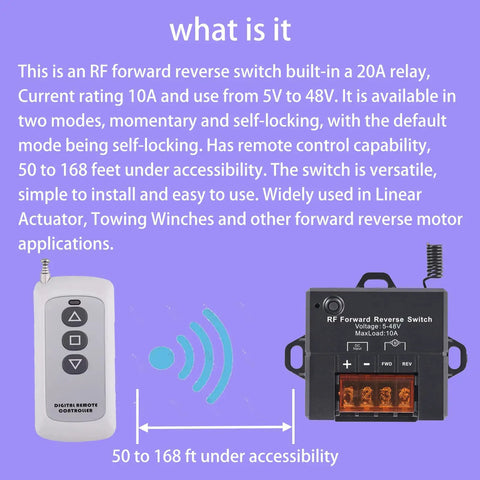 Wireless Forward Reverse Remote Switch For DC Motors And Linear Actuators 5V To 48V, 10A, 168 Ft Range, with remote and receiver.