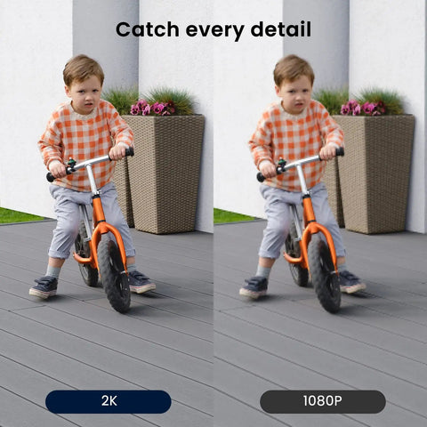 Side-by-side image comparison with a child on a balance bike, showing 2K and 1080P resolution differences from 2K Light Bulb Security Camera Wireless Outdoor Bulb Cam For Home Security, Smart Porch And Garage Surveillance, 360 Degree Pan Tilt, Motion Tracking, Works With Alexa Google Home, E27 Socket Compatible.