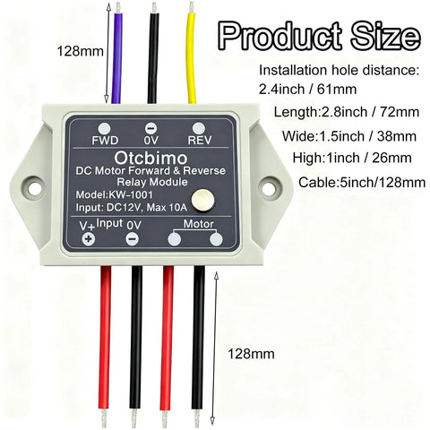 Front view of Otcbimo 12V DC motor forward & reverse relay module with FWD/REV terminals and multiple wires