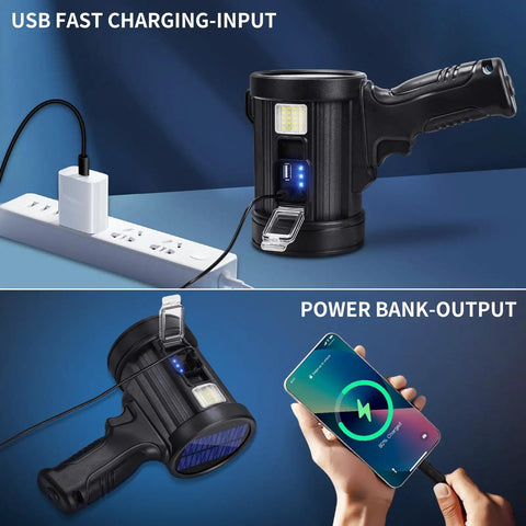Beast Mode 2,000,000 Lumens Rechargeable Spotlight with USB charging and power bank function, handheld use