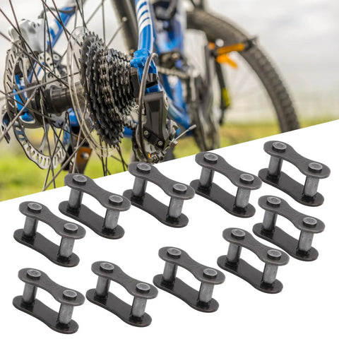 Heavy Duty 10 Pack 410 Chain Master Links For Motorcycle Atv Dirt Bike Built Tough With Precision Steel Clips And Rivets, displayed on a bike.