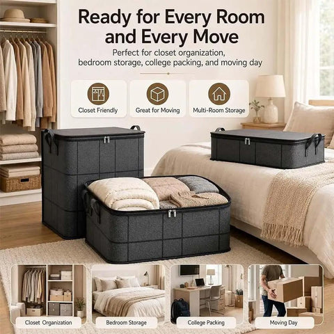 Upgraded XXL Foldable Storage Bag With Secure Full Seal Zipper Great For Moving Big Hauls Of Thick Quilts Bulky Sweaters And Bedding in a room setting.