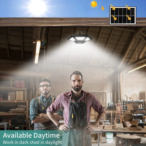Solar Pendant Light For Indoor And Outdoor Use With Remote Control, 360 Degree Waterproof Light illuminating workshop