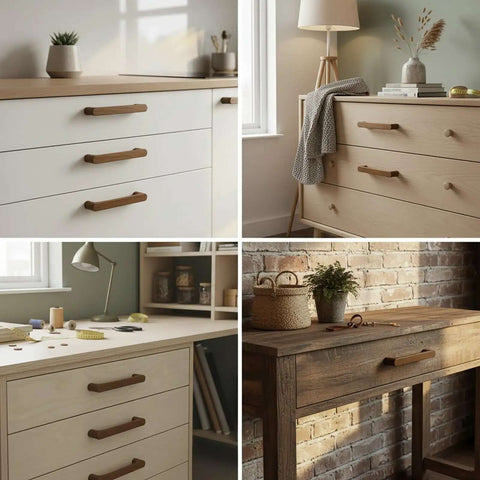 5 Inch Wood Drawer Pulls For Cabinet Walnut Finish 4 Pack With Mounting Screws on dresser and desk in home settings