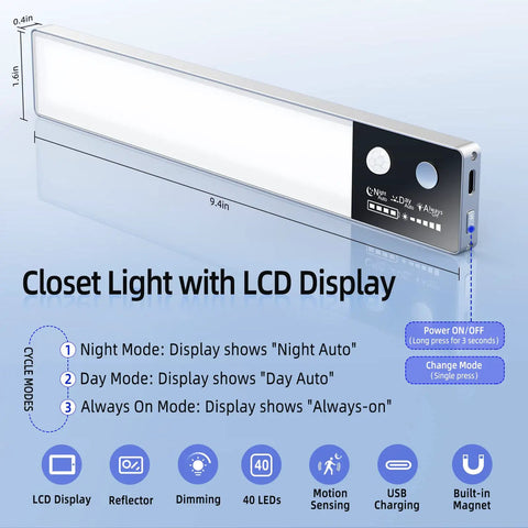 Motion Sensor Closet Lights With LCD Display 40 LED Rechargeable Dimmable Battery Operated Cabinet Lights Ideal For Wardrobe